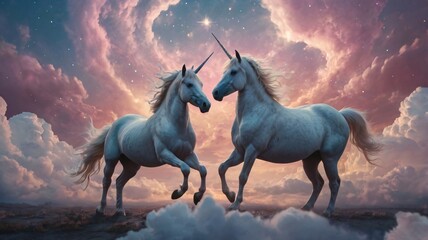 Majestic unicorns dance in a dreamlike cloudscape under a starry sky at twilight