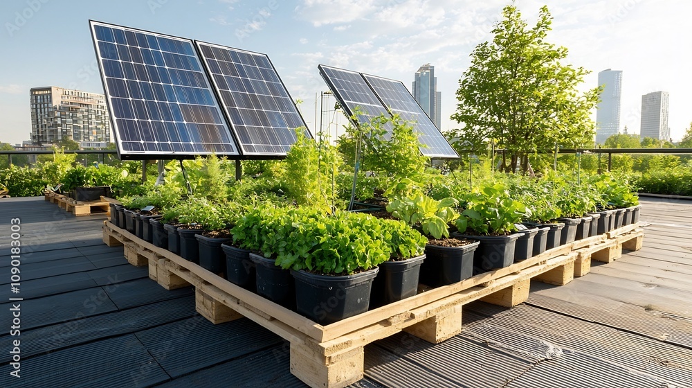 Poster aerial view of an eco friendly building with a rooftop garden and solar panels illustrating a modern