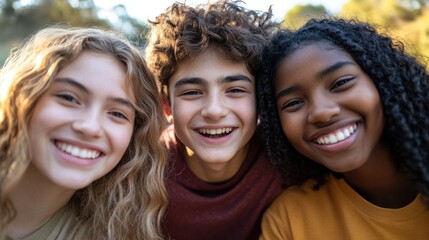 Fototapeta premium Closeup of three diverse young friends, a white girl with curly hair and a bright smile, a South Asian boy with a playful grin and short hair