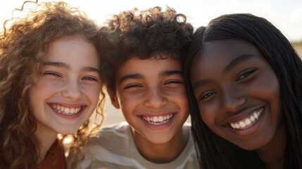 Fototapeta premium Closeup of three diverse young friends, a white girl with curly hair and a bright smile, a South Asian boy with a playful grin and short hair