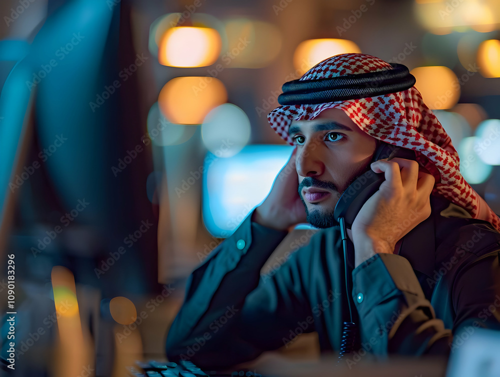 Poster focused man in traditional attire uses a desk phone while working on computer at night, illuminated 