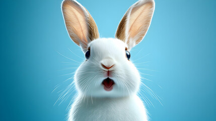 Adorable White Rabbit with Long Ears Poses Against a Vibrant Blue Background; 3D Digital Illustration of a Surprised Bunny