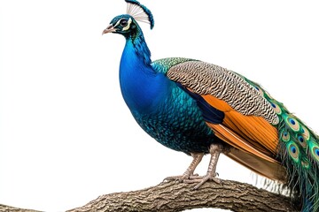 Obraz premium A lovely peacock sitting on a branch in the daylight, isolated on a white background. Generative Ai