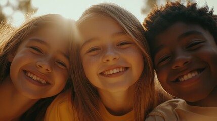 Fototapeta premium Closeup of three diverse young kids, a white girl with a joyful grin and medium-length hair, a Black girl with a bright smile and long hair