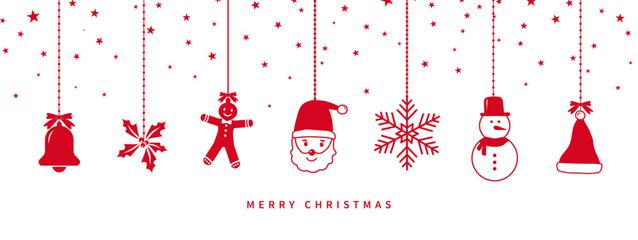 Hanging christmas bauble decoration with christmas icon snowflakes stars and santa claus. Xmas banner. Merry christmas and happy new year background. Vector illustration