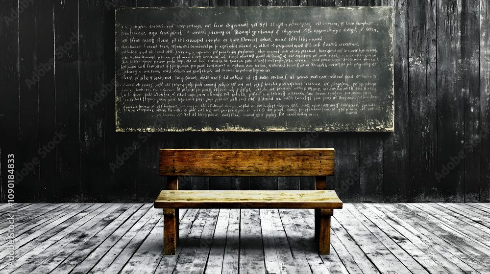 Aufkleber a weathered wooden bench sits in front of a chalkboard filled with handwritten text, creating a vint