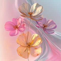 Obraz premium Blossoming Beauty in Glass: Close Up Flowers on Flowing Gradient Transparent Multilayer Background - 3D Rendering