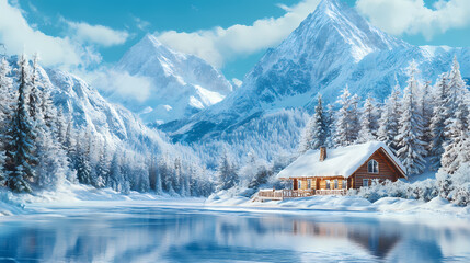 Fototapeta premium Cozy cabin surrounded by snow-covered mountains and evergreen trees by a frozen lake on a clear winter day. Snow-Covered Cabin. Illustration