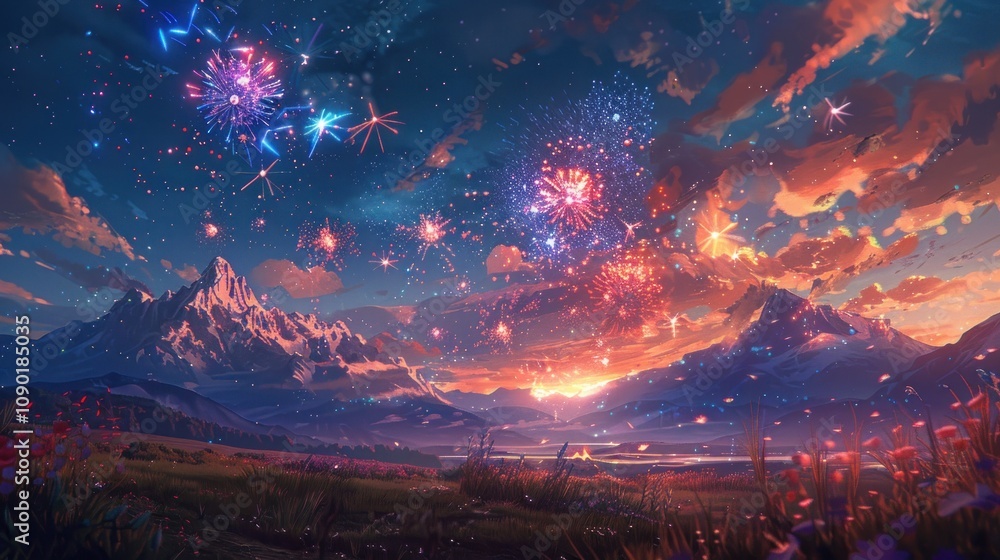 Poster a vibrant sunset over a mountain range with colorful fireworks exploding in the sky.