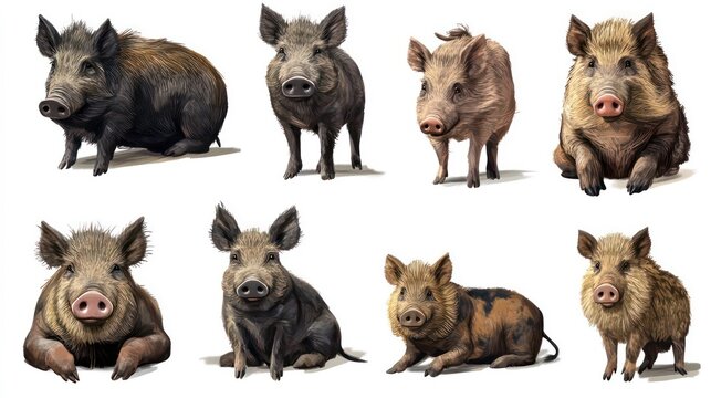 Eight cute cartoon wild boar pigs in various poses, isolated on white background.