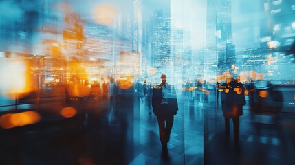 Abstract Double Exposure of a Business Conference with Urban Landscape and Blurred Figures Suggesting Professional Connection and Network Growth in a Dynamic Environment