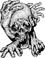 Hands and human skull creepy vector art black and white