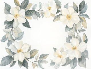 Fototapeta premium Delicate Watercolor Floral Frame with White Flowers and Gray Leaves on Pure White Background