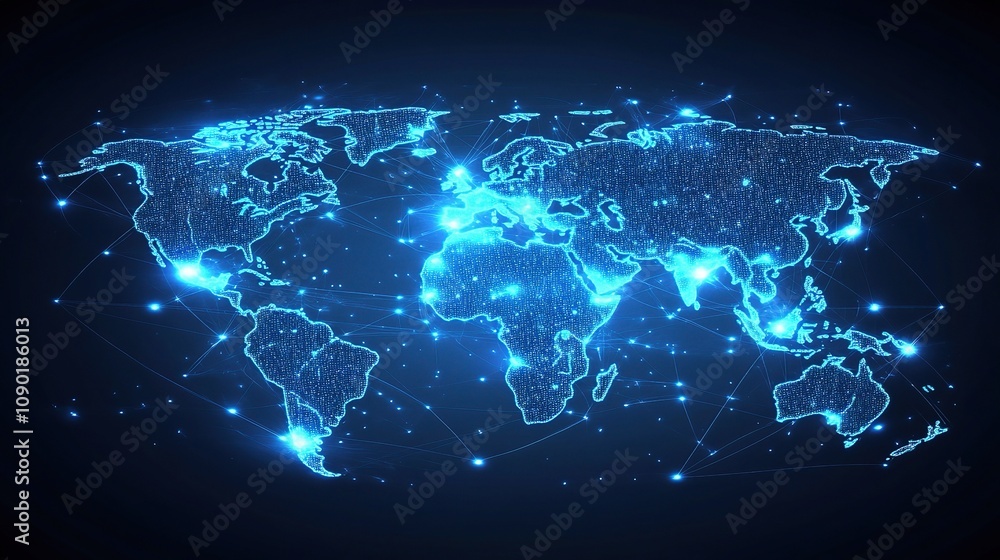 Poster futuristic holographic world map visualization with glowing data points and network connections, per