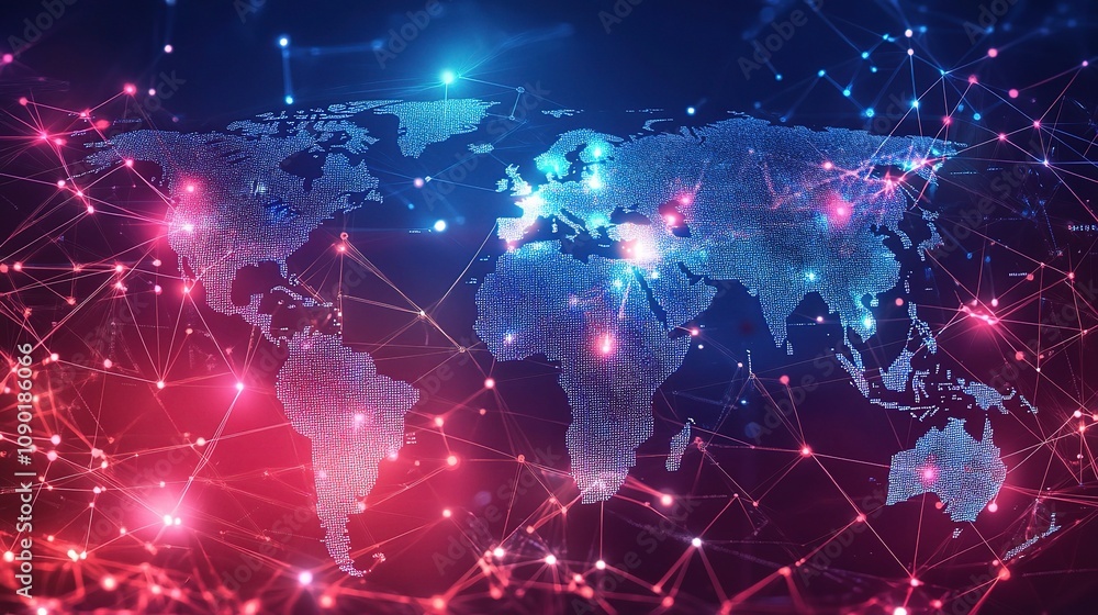 Poster futuristic holographic world map with glowing data connections in a tech-driven landscape representi