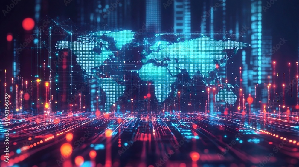 Poster futuristic holographic world map displaying glowing data streams in a digital environment for modern