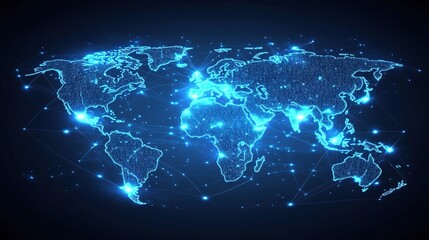 Futuristic Holographic World Map Visualization with Glowing Data Points and Network Connections, Perfect for Technology and Innovation Themes