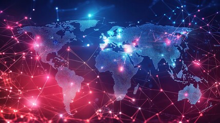 Obraz premium Futuristic Holographic World Map with Glowing Data Connections in a Tech-Driven Landscape Representing Global Networking and Digital Innovation