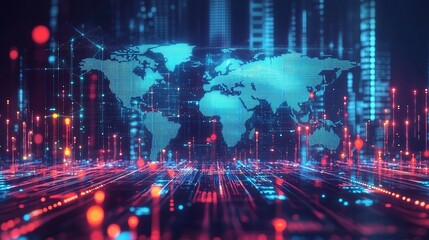 Obraz premium Futuristic Holographic World Map Displaying Glowing Data Streams in a Digital Environment for Modern Technology and Innovation Concepts