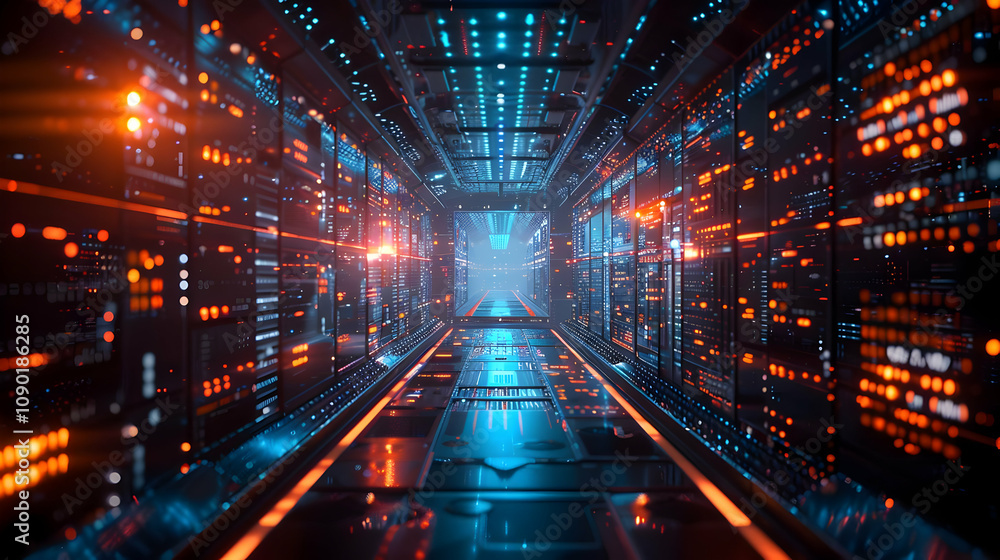 Poster futuristic digital corridor: glowing servers and data streams in a 3d rendered abstract background