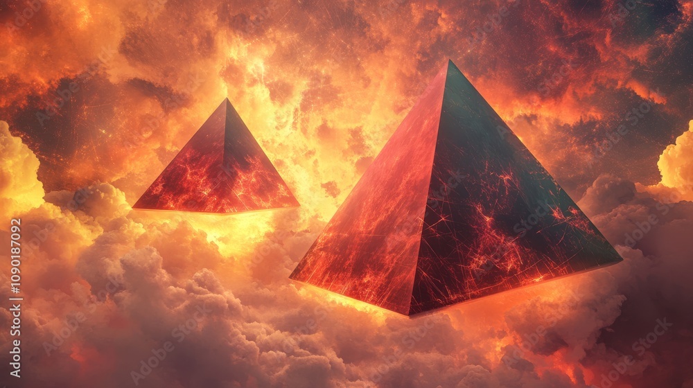 Poster two glowing pyramids hover in a stormy, fiery sky, surrounded by clouds, creating a mystical and oth