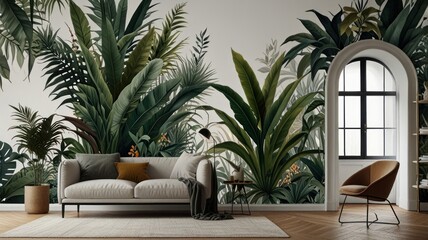 Fototapeta premium Here's a description and keywords for your stock photo.. Lush tropical foliage wallpaper mural in modern living room.