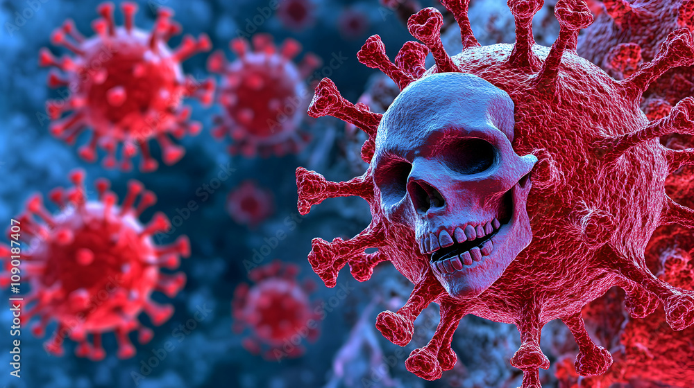 Aufkleber a 3d illustration of a skull embedded in a red virus with a blurred background of other viruses
