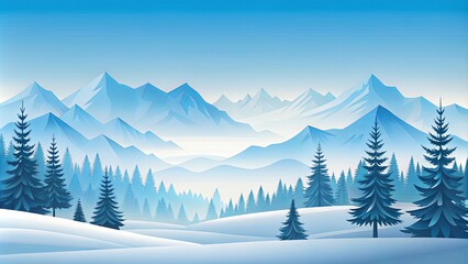 Fototapeta premium Serene Winter Landscape Snow-Covered Hills, Majestic Mountains, and Evergreen Forest Under a Clear Blue Sky