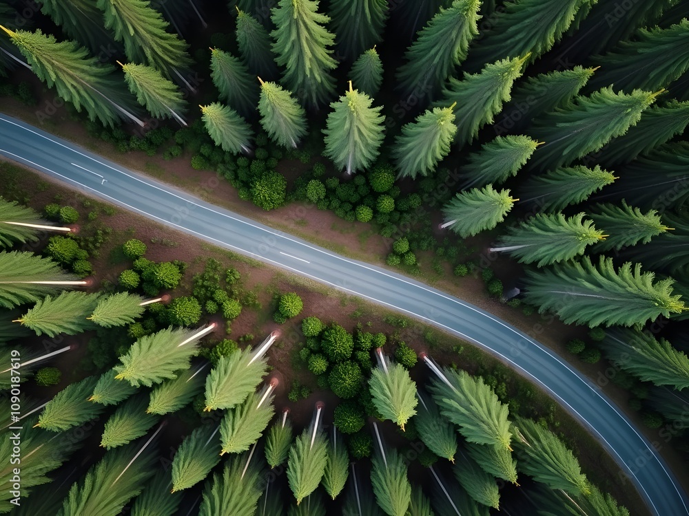 Aufkleber aerial view of the road through the forest. 3d rendering generated by ai