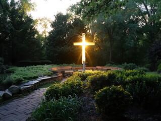 Peaceful Christian garden at dawn with a cross illuminated by the first light