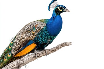 Fototapeta premium A lovely peacock sitting on a branch in the daylight, isolated on a white background. Generative Ai