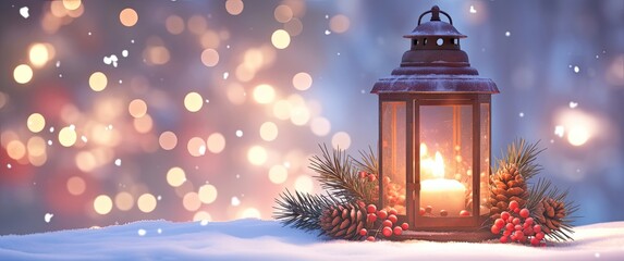  A Christmas lantern with a glowing candle, surrounded by pine cones and red berries, resting on snow in front of a blurred background, ideal for Christmas or New Year greeting cards, banners