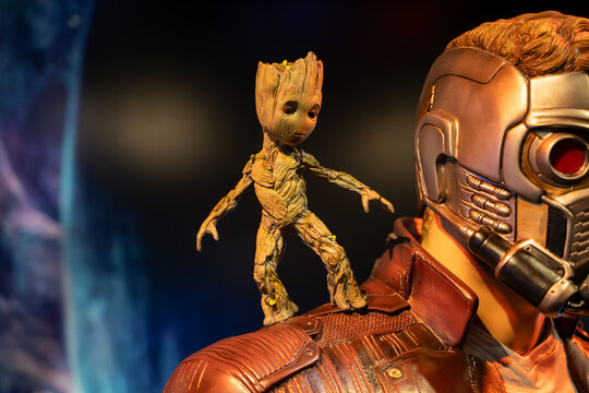 Baby Groot statue from the Guardians of the Galaxy at the Niagara Falls Movieland Wax Museum. Niagara Falls, Canada - September 20, 2024.