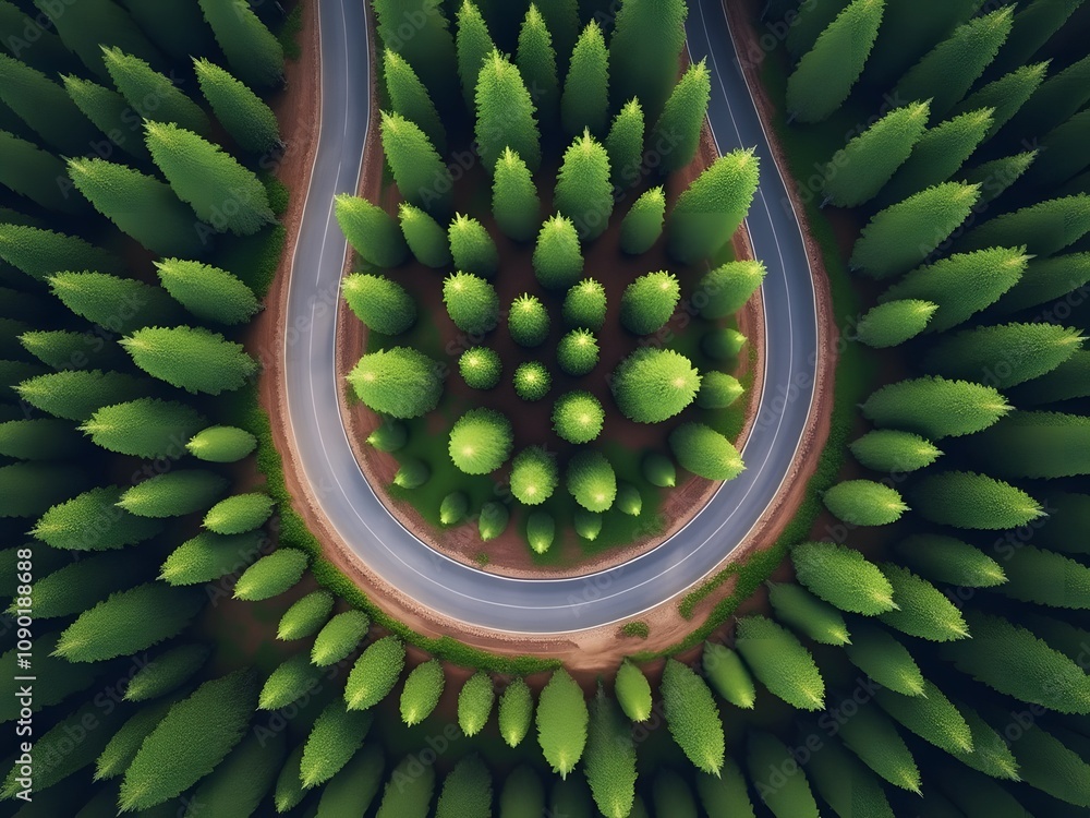Poster aerial view of the road through the forest. 3d rendering generated by ai