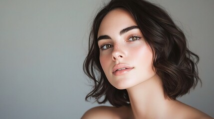 Naklejka premium Natural Beauty Portrait of a Young Woman Posing Gracefully with Soft Lighting and Subtle Expression, Ideal for Lifestyle and Wellness Themes