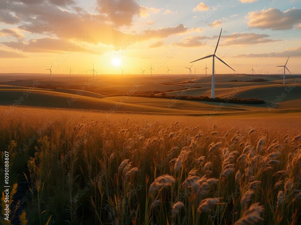 Poster aerial view of wind turbines at sunset in a field in the netherlands generated by ai