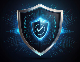 Fototapeta premium Digital shield with a checkmark in the center, cybersecurity assurance, trusted protection, and data security concept. Digital shield featuring a checkmark at the center, symbolizing cybersecurity