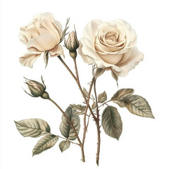 Fototapeta premium Exquisite Vintage Roses Illustration in Art Sticker Style on White Background with Beige Tones