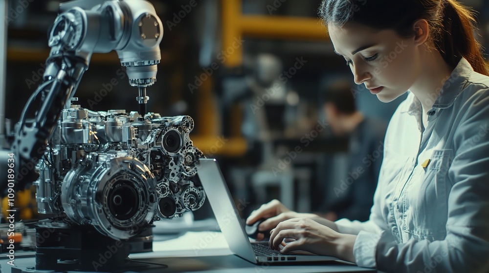 Aufkleber a female mechanical engineer designing innovative solutions at a factory, focused on developing new 