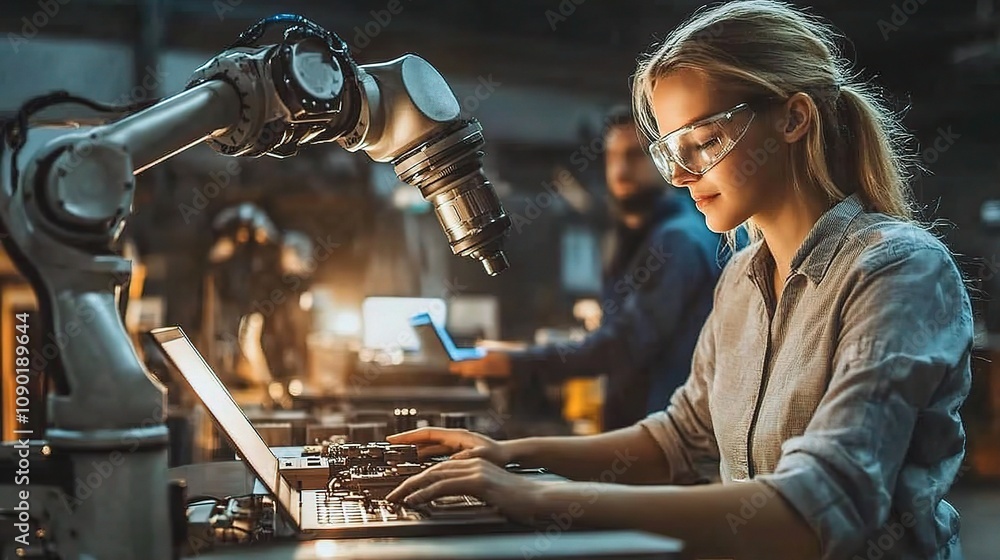 Poster female mechanical engineer engaged in design work at a modern factory with advanced technology and r