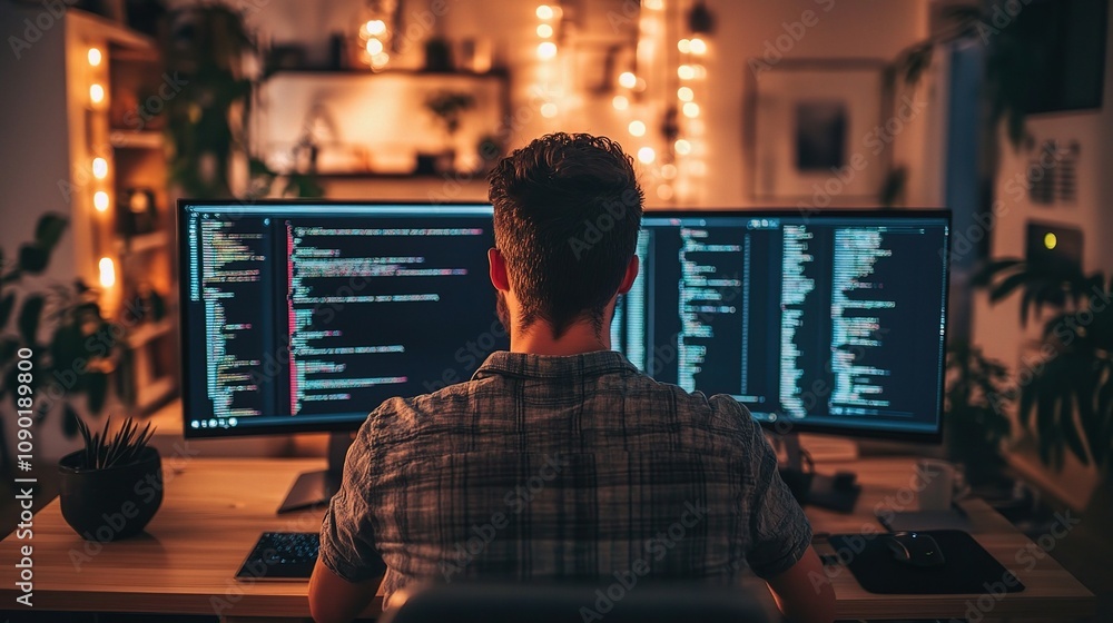 Poster back view of an industrial engineer concentrating on code and project management at a modern desktop