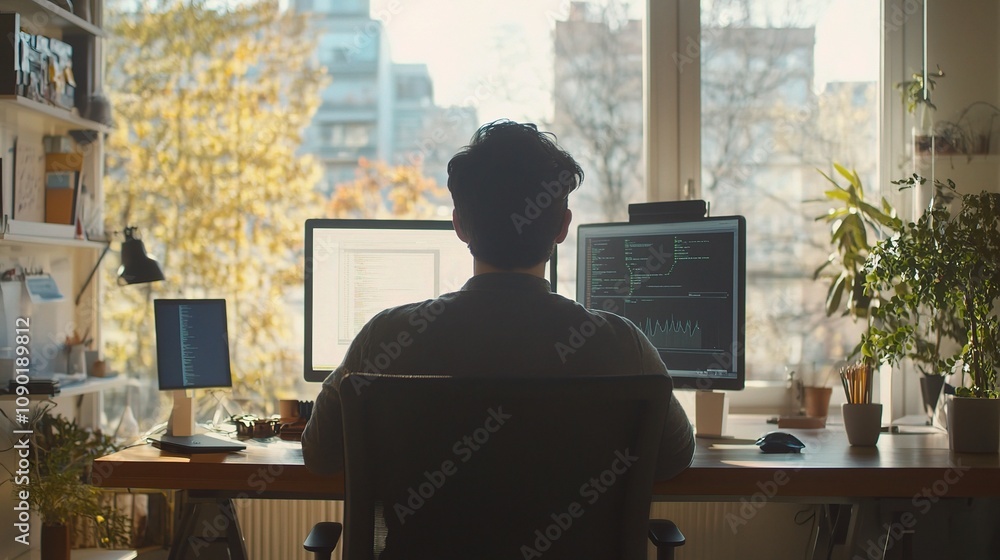Poster back view of an industrial engineer working at a desk surrounded by technology, focused on data anal