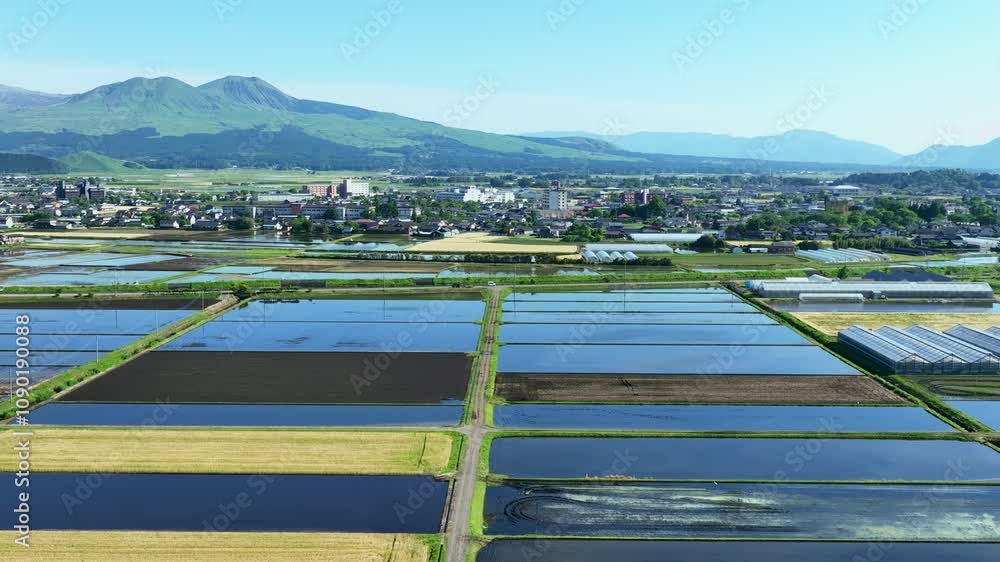 Poster 田園、水田、空撮、風景、田畑、田舎、田んぼ、景色、農業、農家、農地、ドローン、俯瞰、青空、畦道、農道、土地、平野、ハイアングル、展望、パノラマ、鳥瞰図、上から見た、見下ろす、地平線、景観、迫力、行政、自然、環境、産業、春、夏、日本、盆地、野山、農村、屋外、旅行、観光、晴れ、収穫、栽培、灌漑、耕作地、都市、遠近感、社会、街、眺望