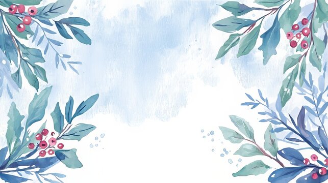 A serene watercolor illustration featuring leafy branches and red berries on a light blue background, perfect for seasonal designs or invitations.