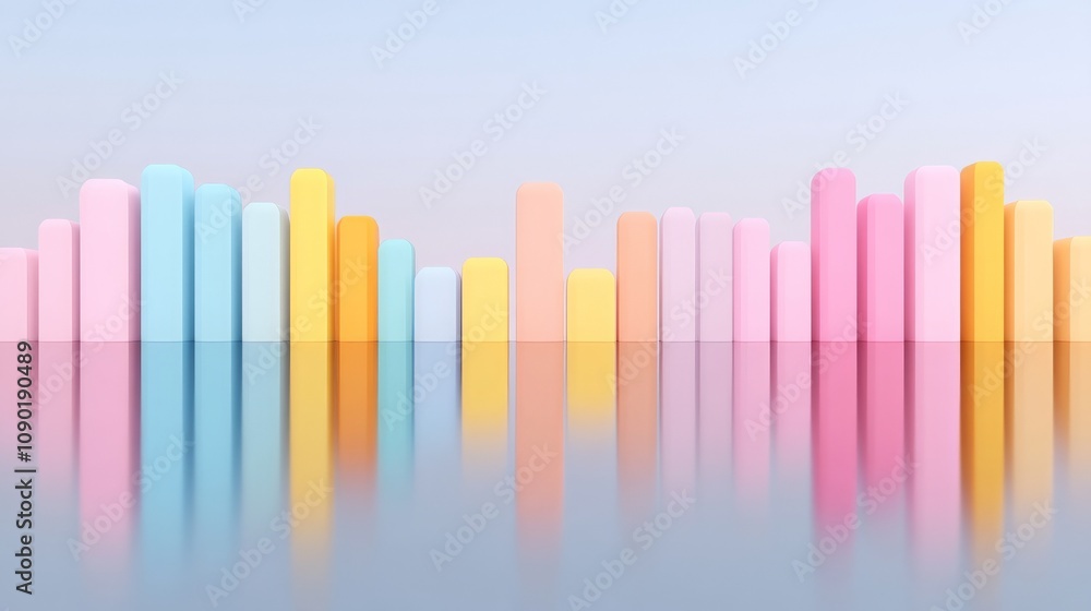Poster pastel dreamscape: abstract 3d render of colorful cylinders reflecting on a calm surface