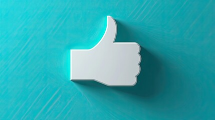 Teal backdrop with a glossy white thumbs-up icon. 