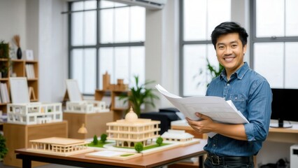 Fototapeta premium Professional Architect Reviewing Blueprints in Modern Office, Ideal for Business and Design Inspiration