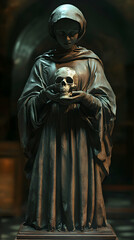 Obraz premium A Depiction of a Stone Figure in a Robe Holding a Human Skull in a Dark Church Setting
