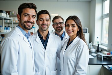 Fototapeta premium Happy Multicultural Team of Scientists in Lab Coats Working Together in Modern Laboratory Setting