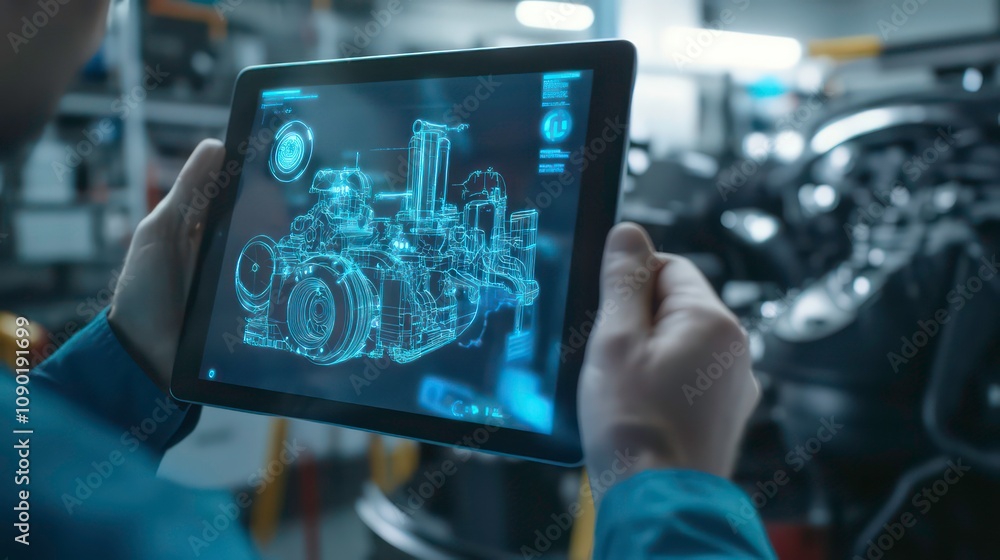 Poster using an augmented reality diagnostics software on a tablet computer, a technician inspects the engi